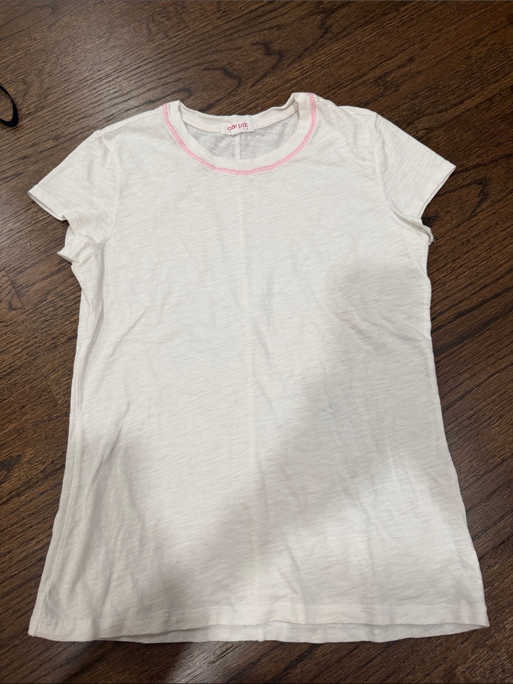 Goldie White Short Sleeve Tee with Pink Neck Stitching Brand new w/o tags